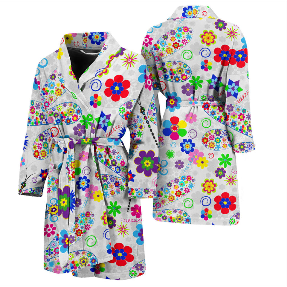 Dragonfly Color Flower Pattern Men Bathrobe