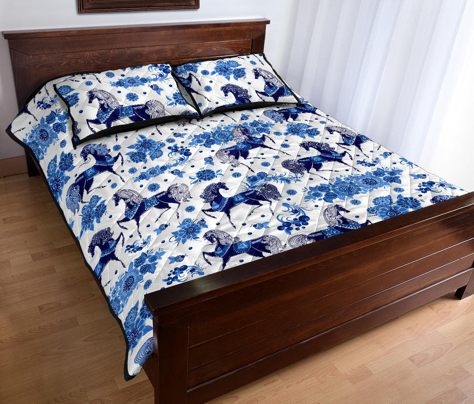 Horse Flower Blue Theme Pattern Quilt Bed Set