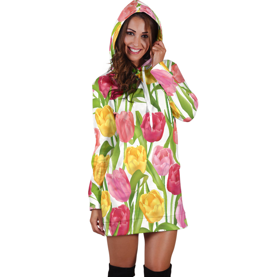 Pink Red Yellow Tulip Pattern Women Hoodie Dress