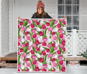 Pink White Tulip Pattern Premium Quilt White