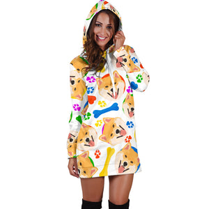 Shiba Inu Paw Bone Pattern Women Hoodie Dress