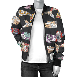 Whale Flower Tribal Pattern Women Bomber Jacket