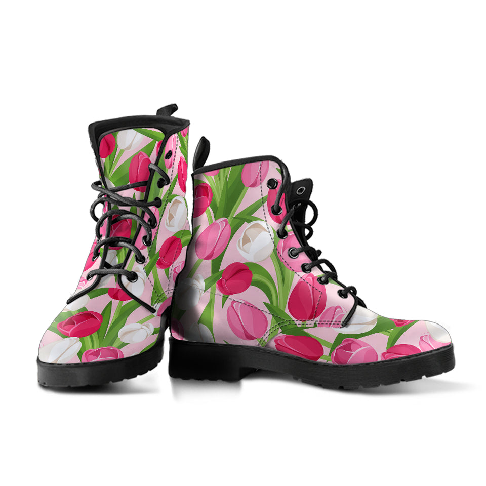 Pink White Tulip Pattern Leather Boots