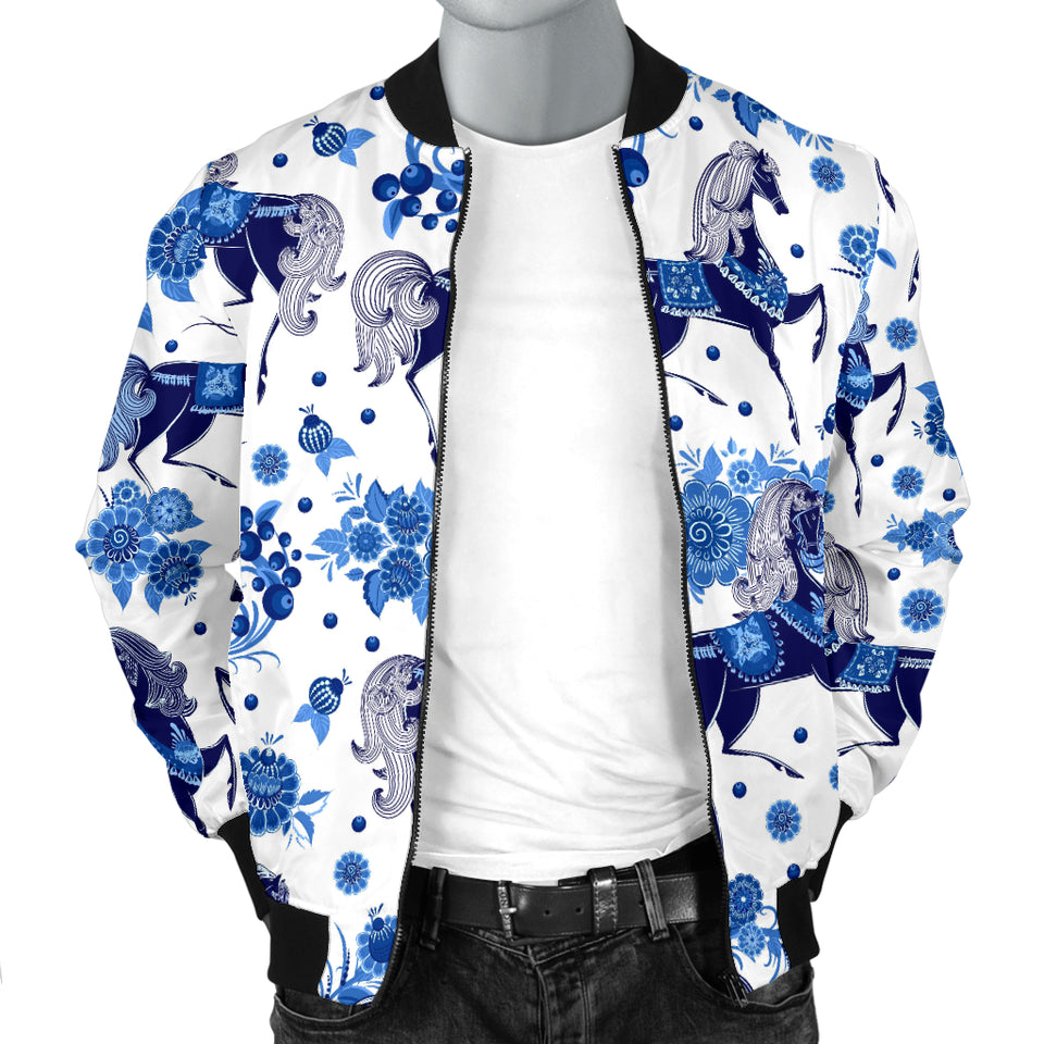 Horse Flower Blue Theme Pattern Men Bomber Jacket