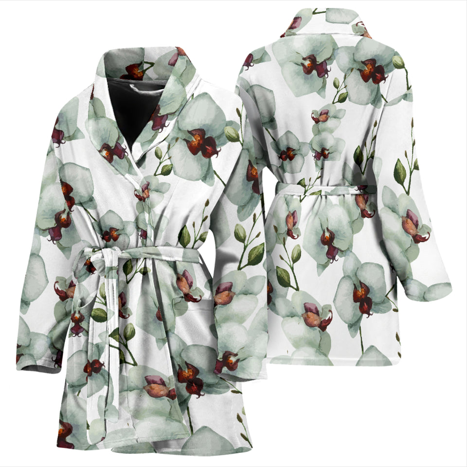 White Orchid Pattern Women Bathrobe