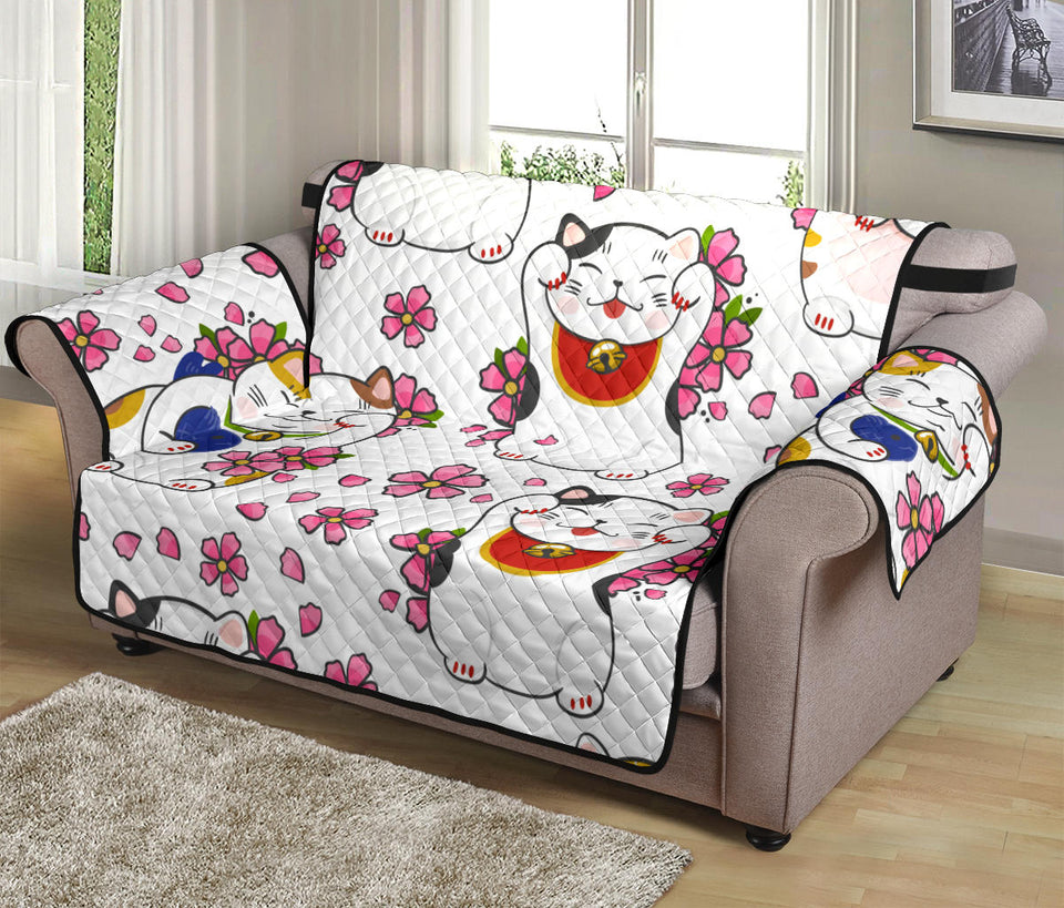 Meneki Neko Lucky Cat Sakura Flower Pattern Loveseat Couch Cover Protector