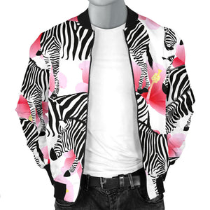 Zebra Red Hibiscus Pattern Men Bomber Jacket