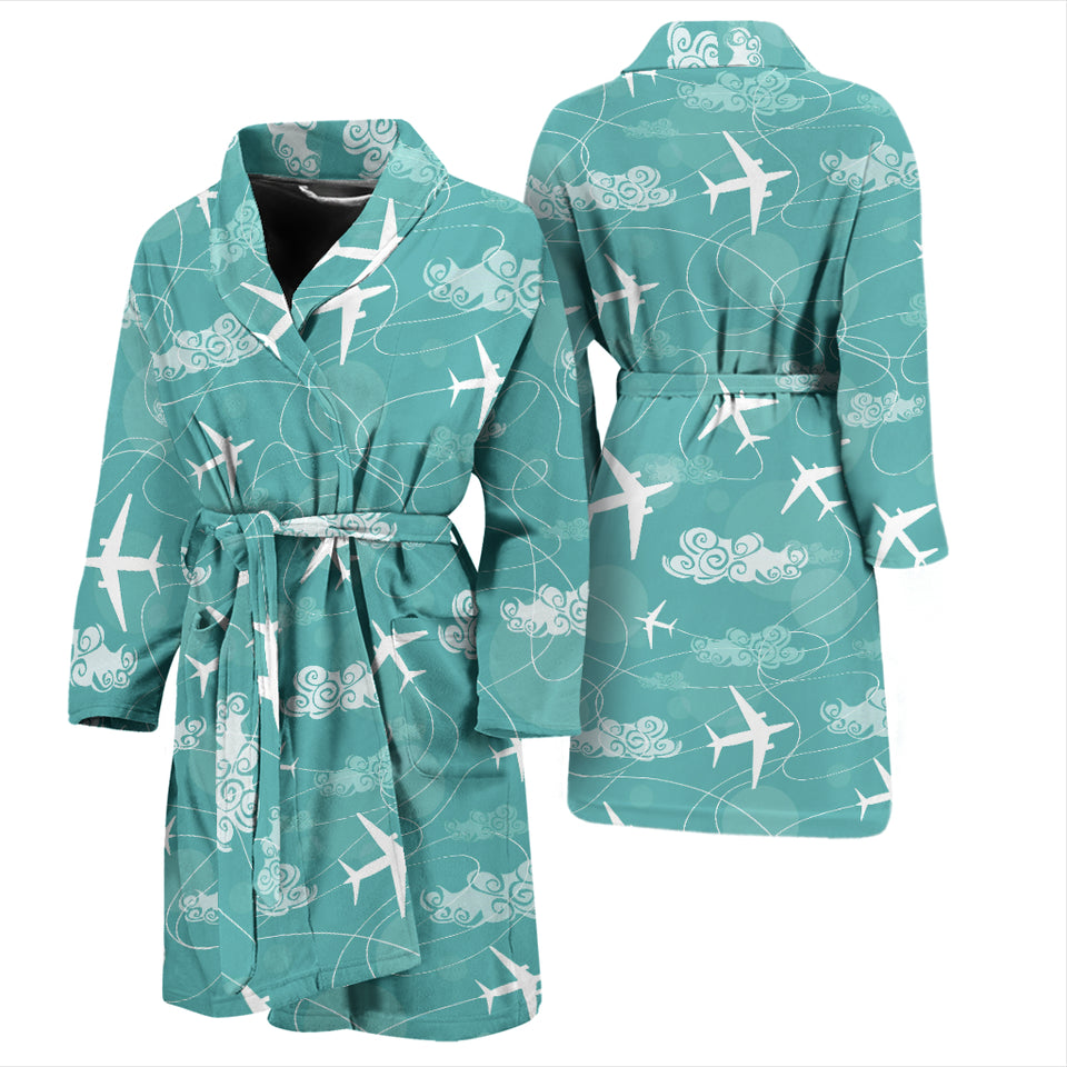 Airplane Cloud Pattern Green Background Men Bathrobe