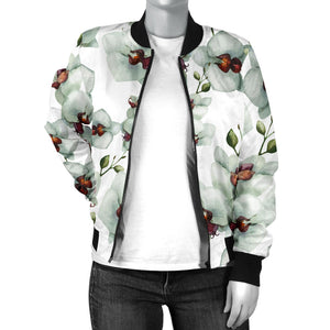 White Orchid Pattern Women Bomber Jacket