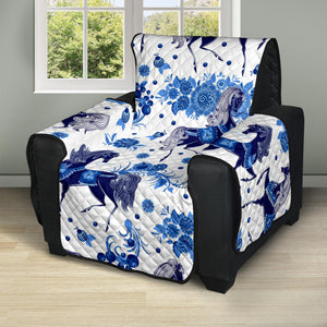 Horse Flower Blue Theme Pattern Recliner Cover Protector