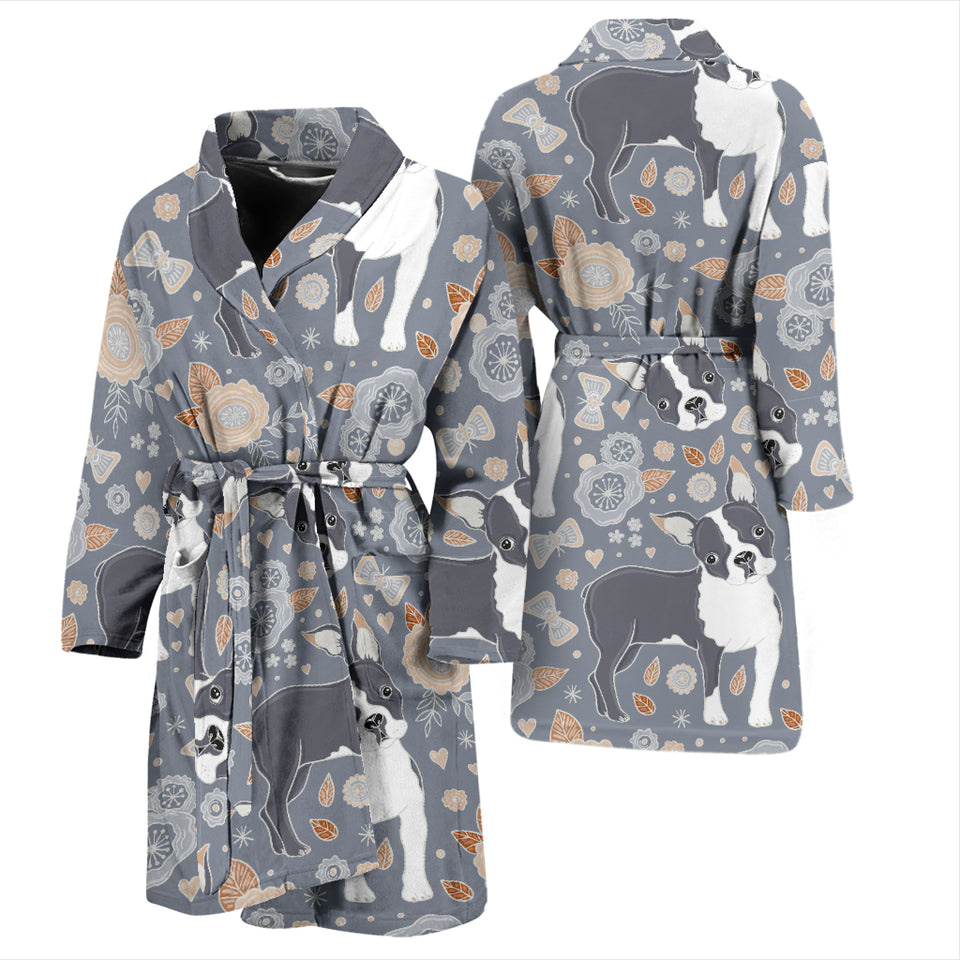 Boston Terrier Flower Pattern Gray Background Men Bathrobe