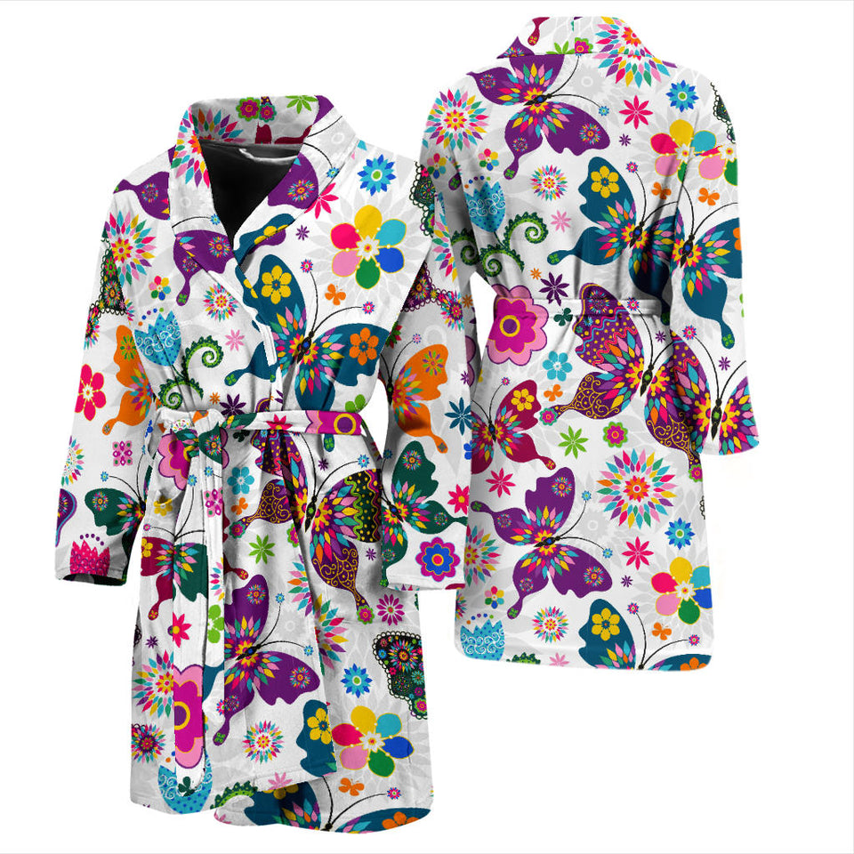 Colorful Butterfly Flower Pattern Men Bathrobe