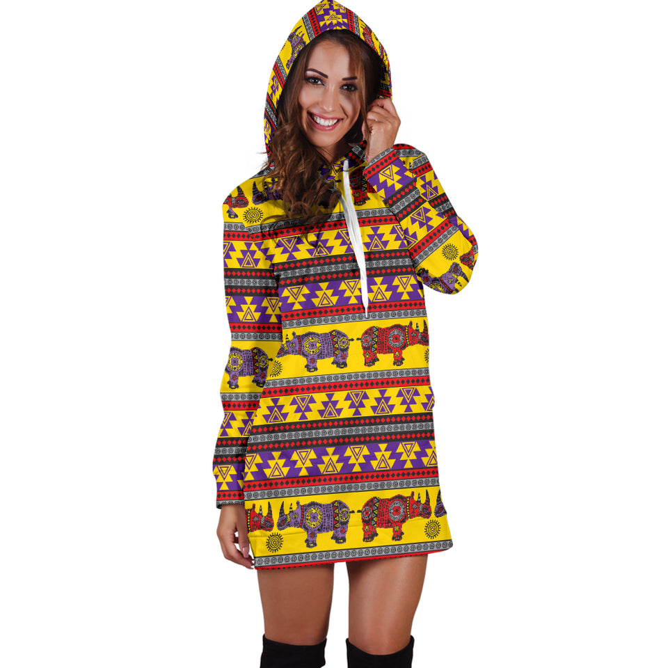 Rhino African Afro Dashiki Adinkra Kente Ethnic Motifs Women Hoodie Dress