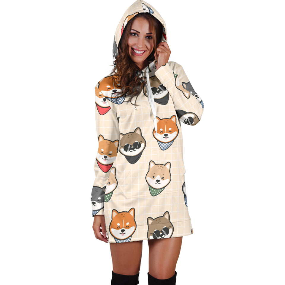 Shiba Inu Head Pattern Women Hoodie Dress