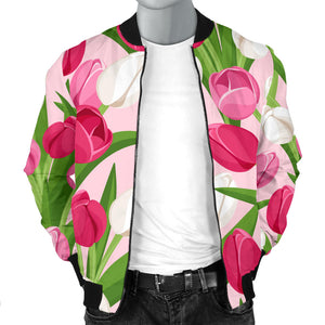 Pink White Tulip Pattern Men Bomber Jacket