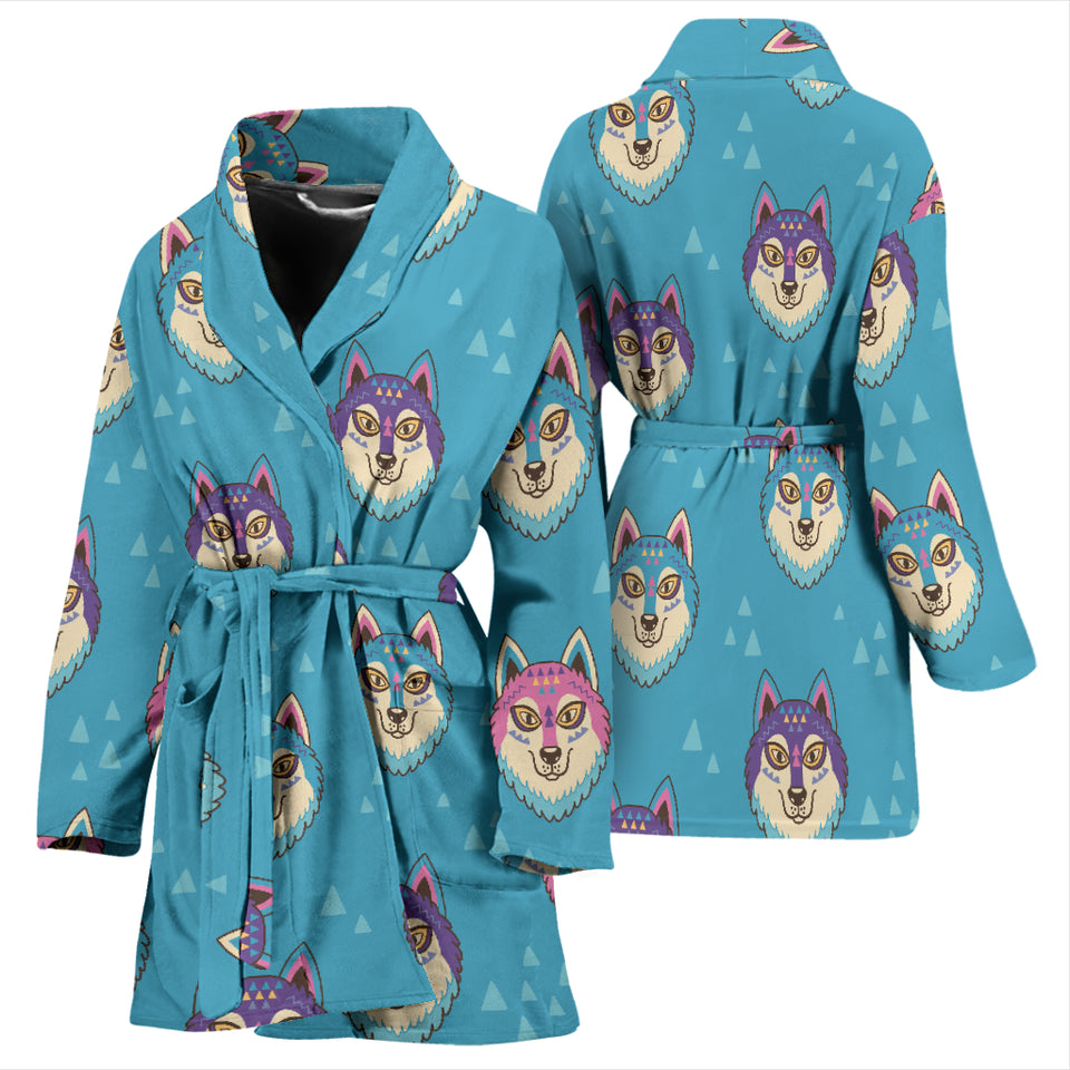 Siberian Husky Head Pattern Women Bathrobe