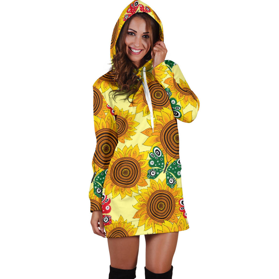 Sunflower Butterfly Pattern Women Hoodie Dress