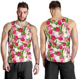 Pink White Tulip Pattern Men Tank Top