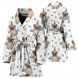 Unicorn Pug Pattern Women Bathrobe