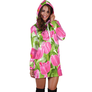 Pink Tulip Pattern Women Hoodie Dress