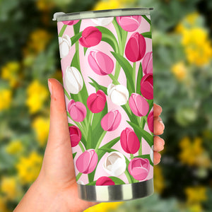 Pink White Tulip Pattern Tumbler