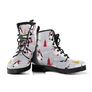 Penguin Christmas Tree Pattern Leather Boots