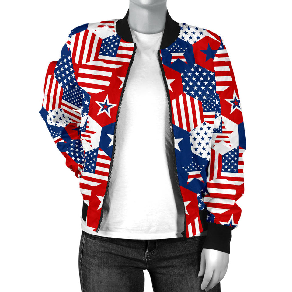 USA Star Hexagon Pattern Women Bomber Jacket