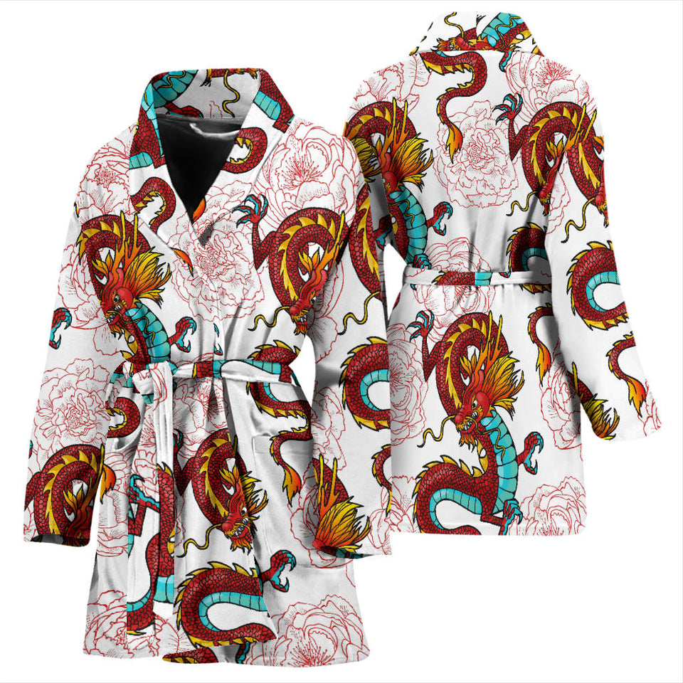 Red Dragon Hibiscus Pattern Women Bathrobe