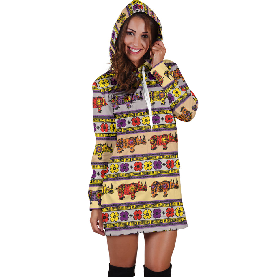 Rhino African Afro Dashiki Adinkra Kente Pattern Women Hoodie Dress