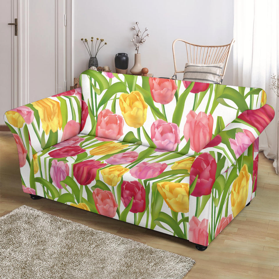 Pink Red Yellow Tulip Pattern Loveseat Couch Slipcover