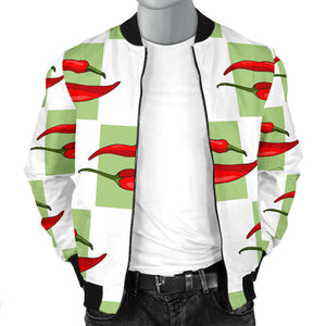 Red Chili Pattern Green White background Men Bomber Jacket