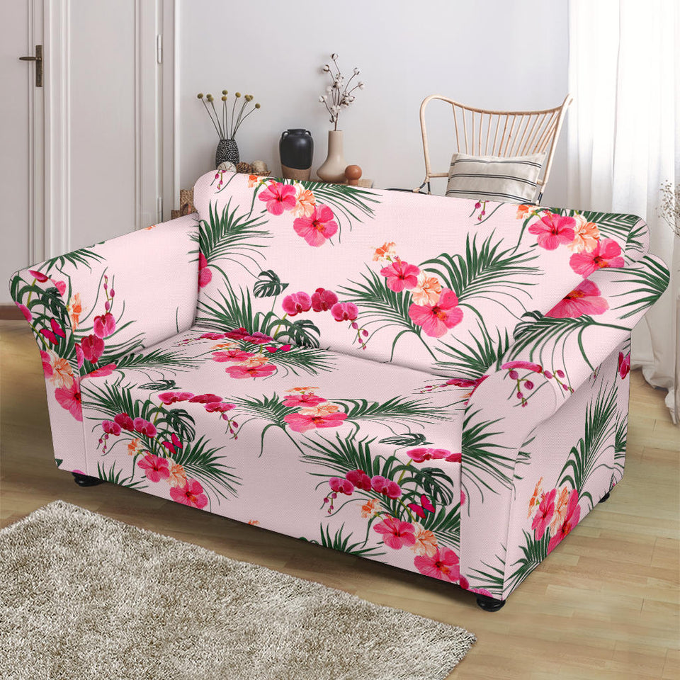 Red Pink Orchid Hibiscus Pattern Loveseat Couch Slipcover