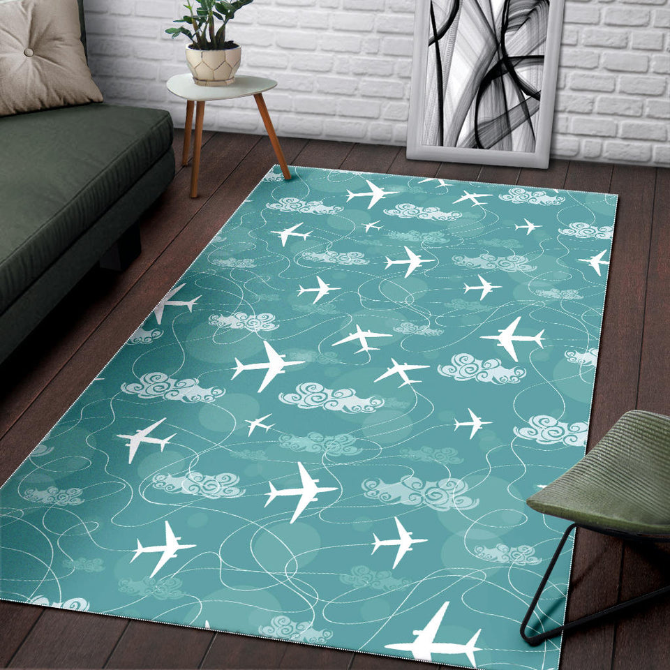 Airplane Cloud Pattern Green Background Area Rug
