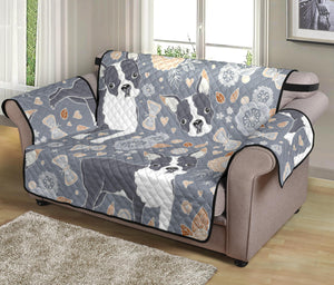 Boston Terrier Flower Pattern Gray Background Loveseat Couch Cover Protector