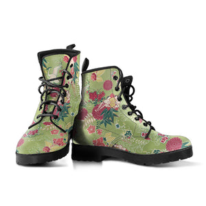 Japanese Crane Green Theme Pattern Leather Boots