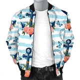 Anchor Flower Blue Stripe Pattern Men Bomber Jacket