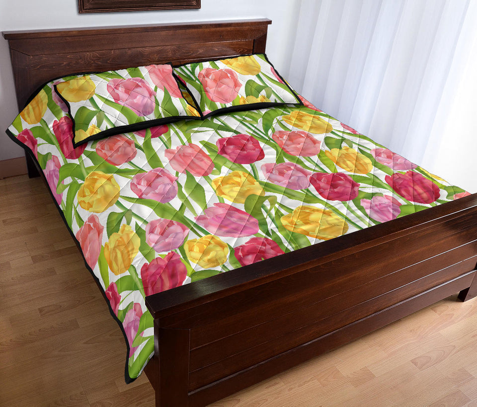 Pink Red Yellow Tulip Pattern Quilt Bed Set