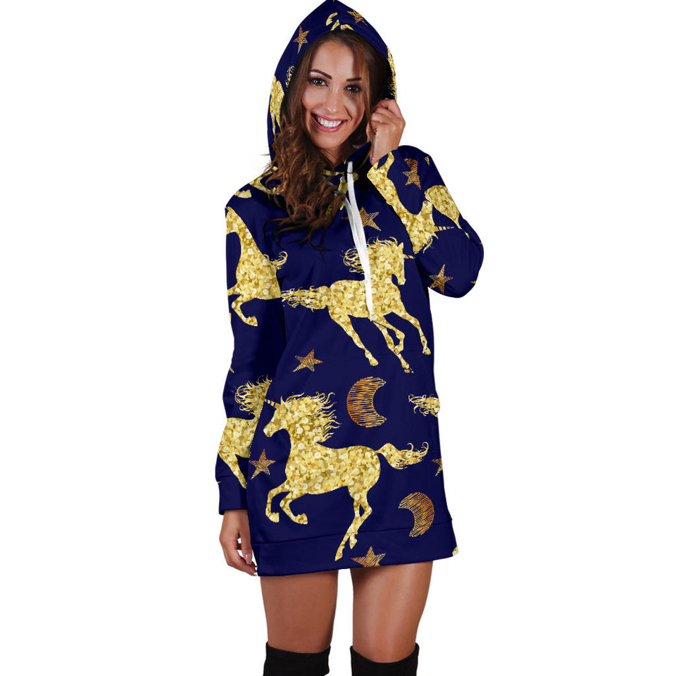 Unicorn Gold Pattern Women Hoodie Dress