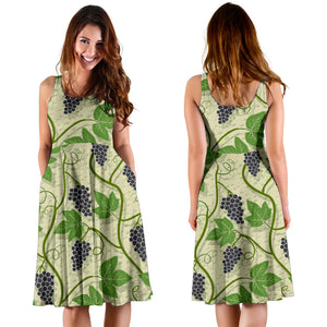 Grape Leaves Pattern Sleeveless Midi Dress
