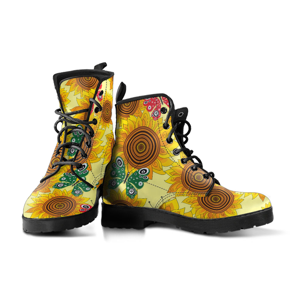 Sunflower Butterfly Pattern Leather Boots