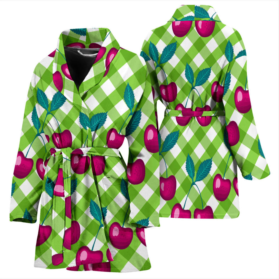 Cherry Pattern Green Background Women Bathrobe