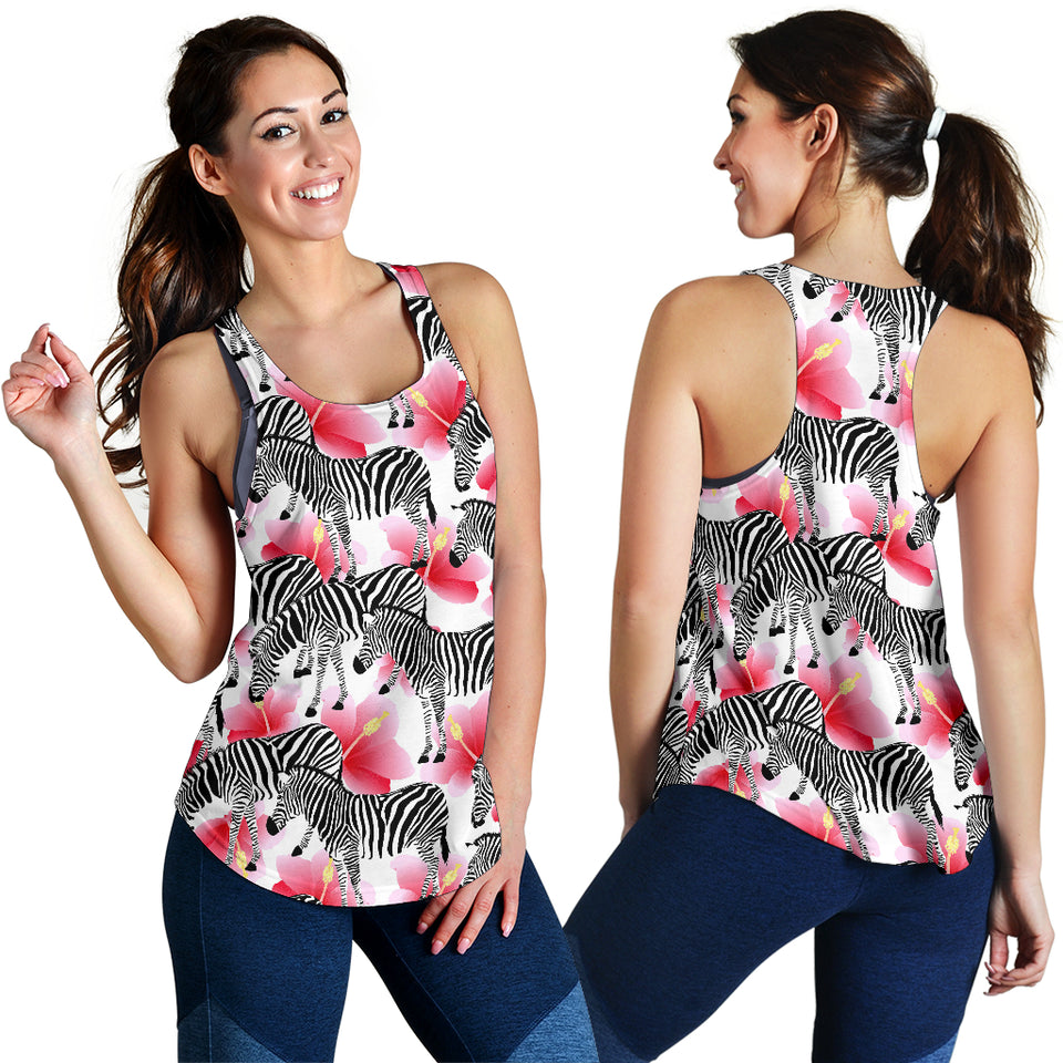 Zebra Red Hibiscus Pattern Women Racerback Tank Top