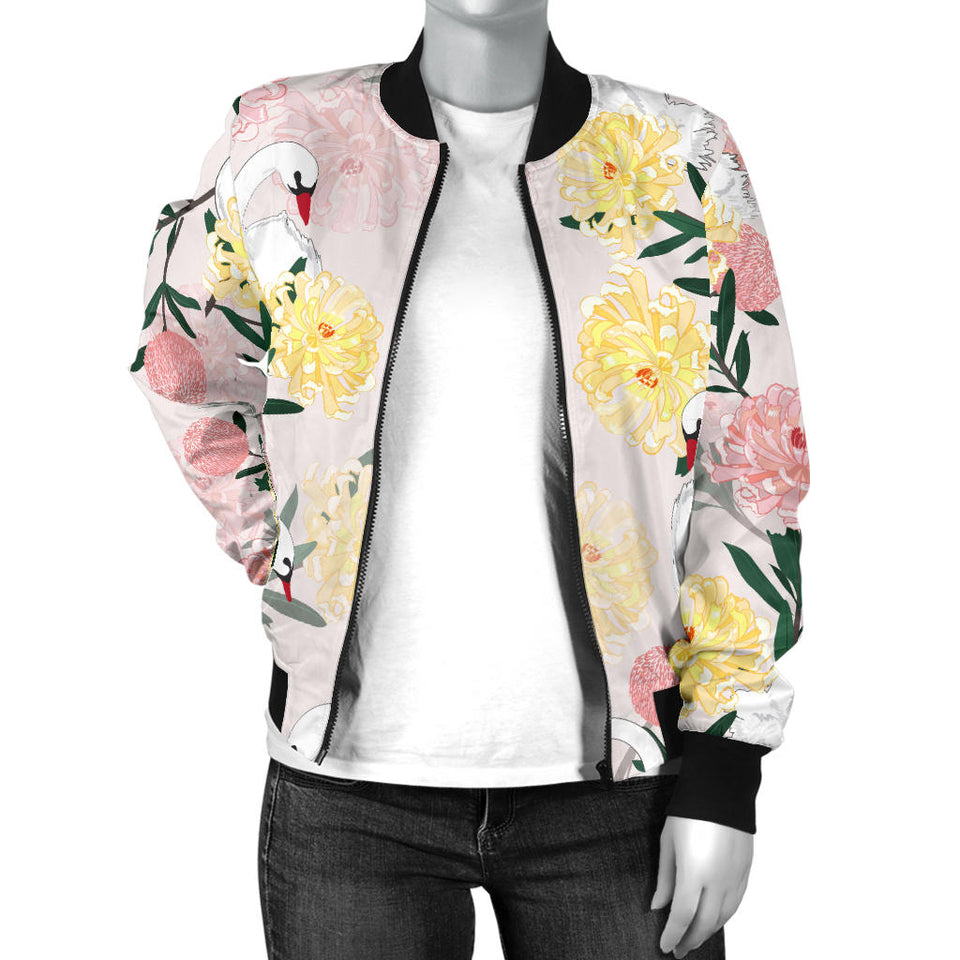 Swan Flower Pattern Women Bomber Jacket