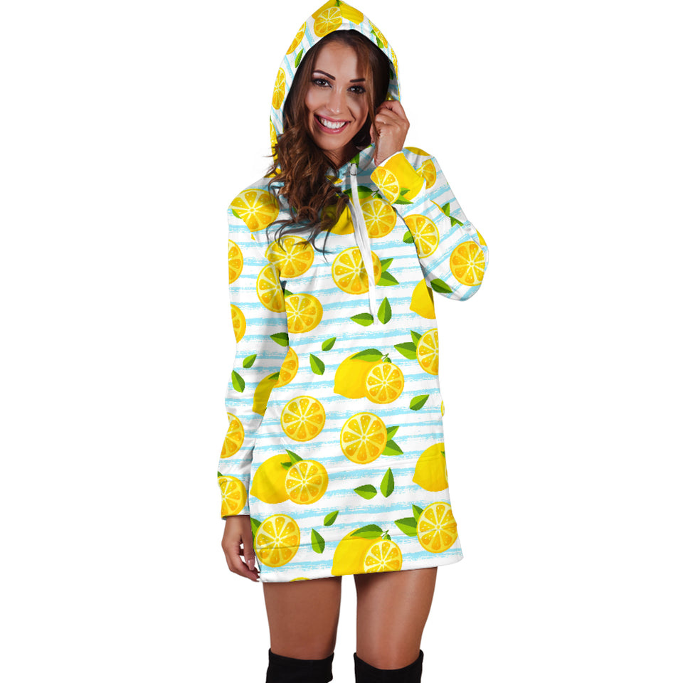 Lemon Pattern Stripe Background Women Hoodie Dress