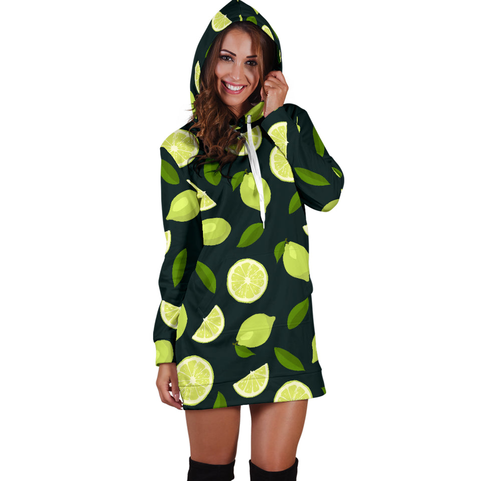 Lime Leaves Pattern Women Hoodie Dress