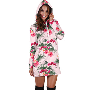 Red Pink Orchid Hibiscus Pattern Women Hoodie Dress