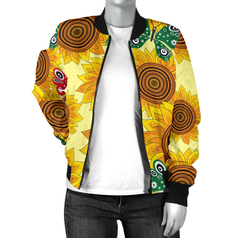 Sunflower Butterfly Pattern Women Bomber Jacket