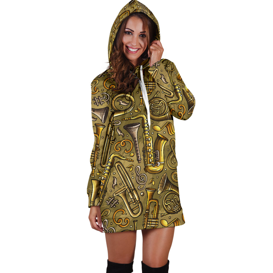 Saxophone Gold Pattern Women Hoodie Dress