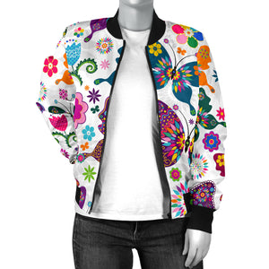 Colorful Butterfly Flower Pattern Women Bomber Jacket