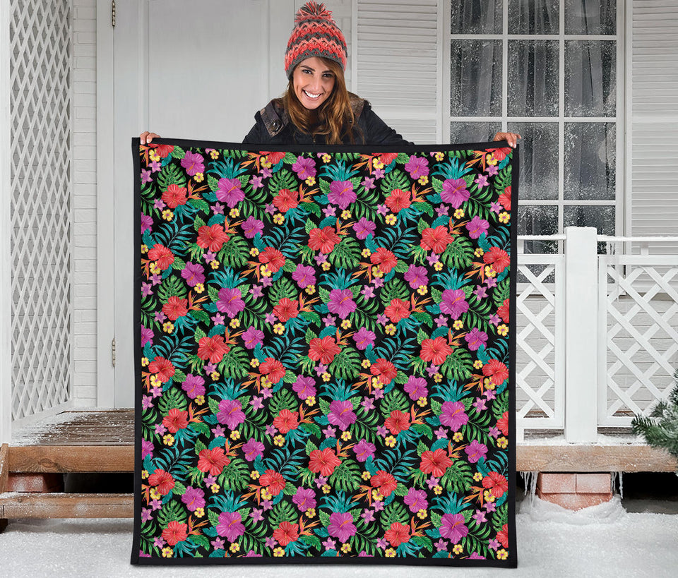 Hibiscus Pattern Print Design 01 Premium Quilt